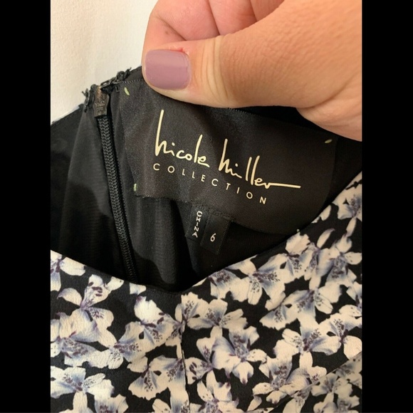 NEW $475 Nicole Miller Silk‎ Floral Print Midi Dress in Black/White [SZ 6 ] - Picture 6 of 8